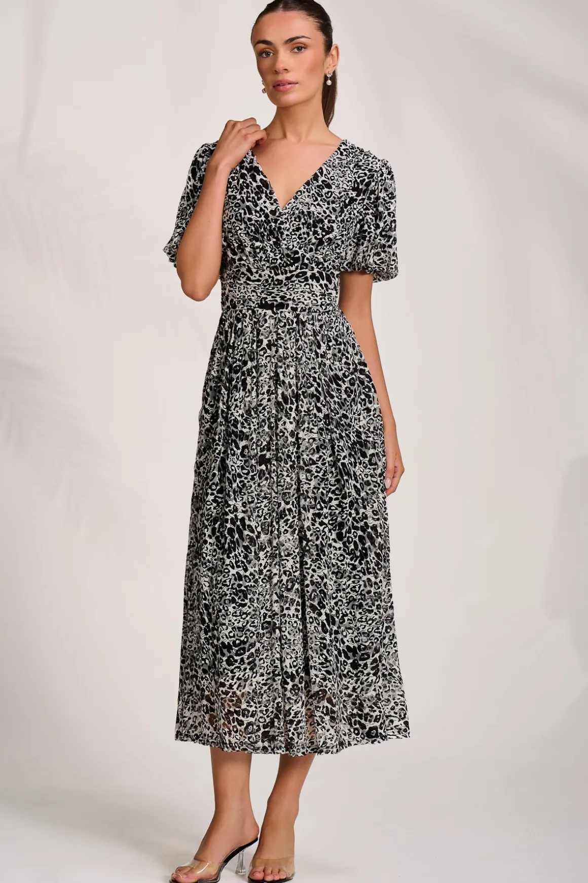 Puff Sleeve Printed Lace Maxi Dress, Black Animal