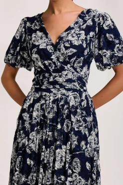 Puff Sleeve Printed Lace Maxi Dress, Navy Floral