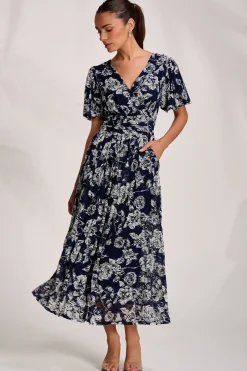 Puff Sleeve Printed Lace Maxi Dress, Navy Floral