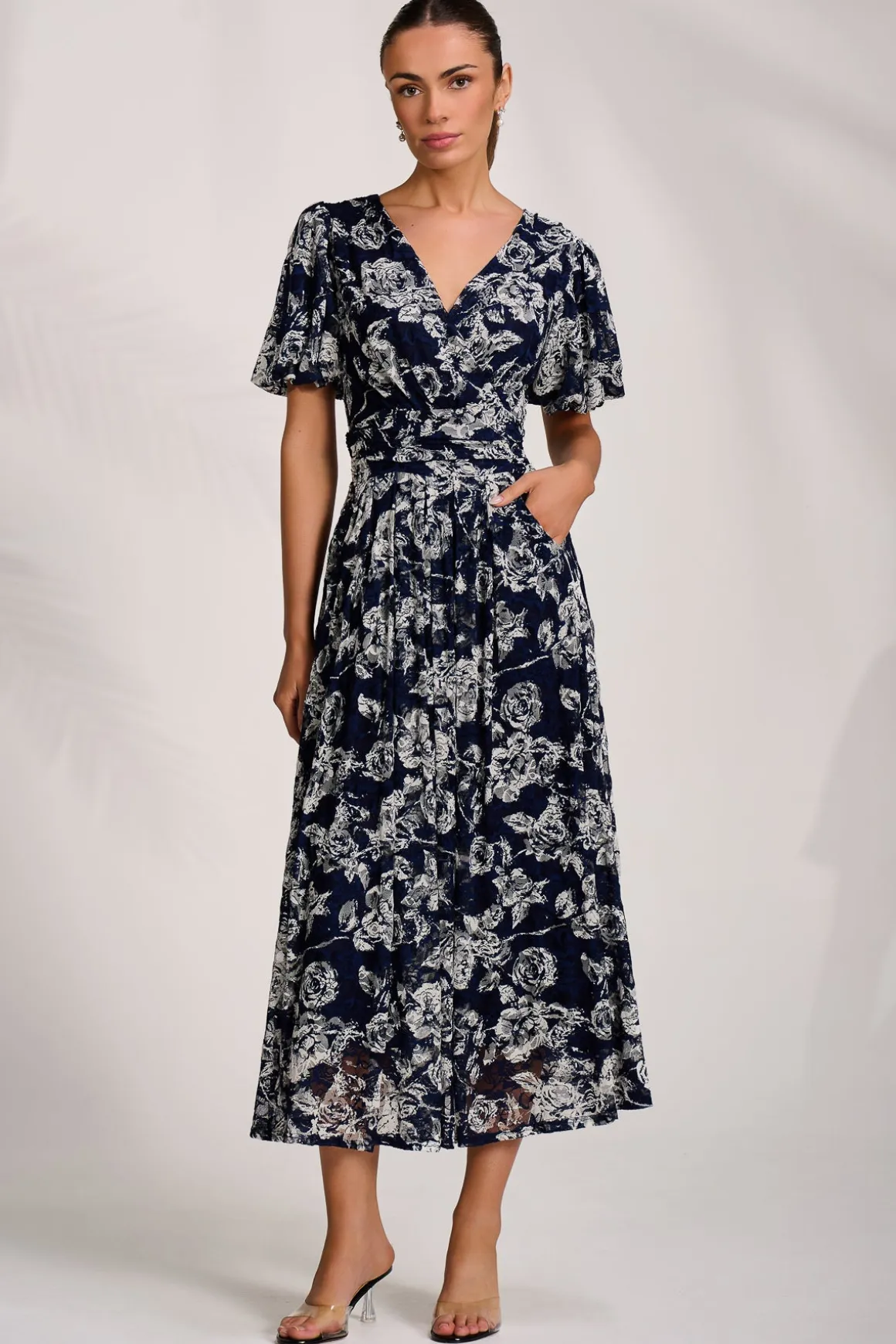 Puff Sleeve Printed Lace Maxi Dress, Navy Floral