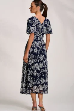 Puff Sleeve Printed Lace Maxi Dress, Navy Floral