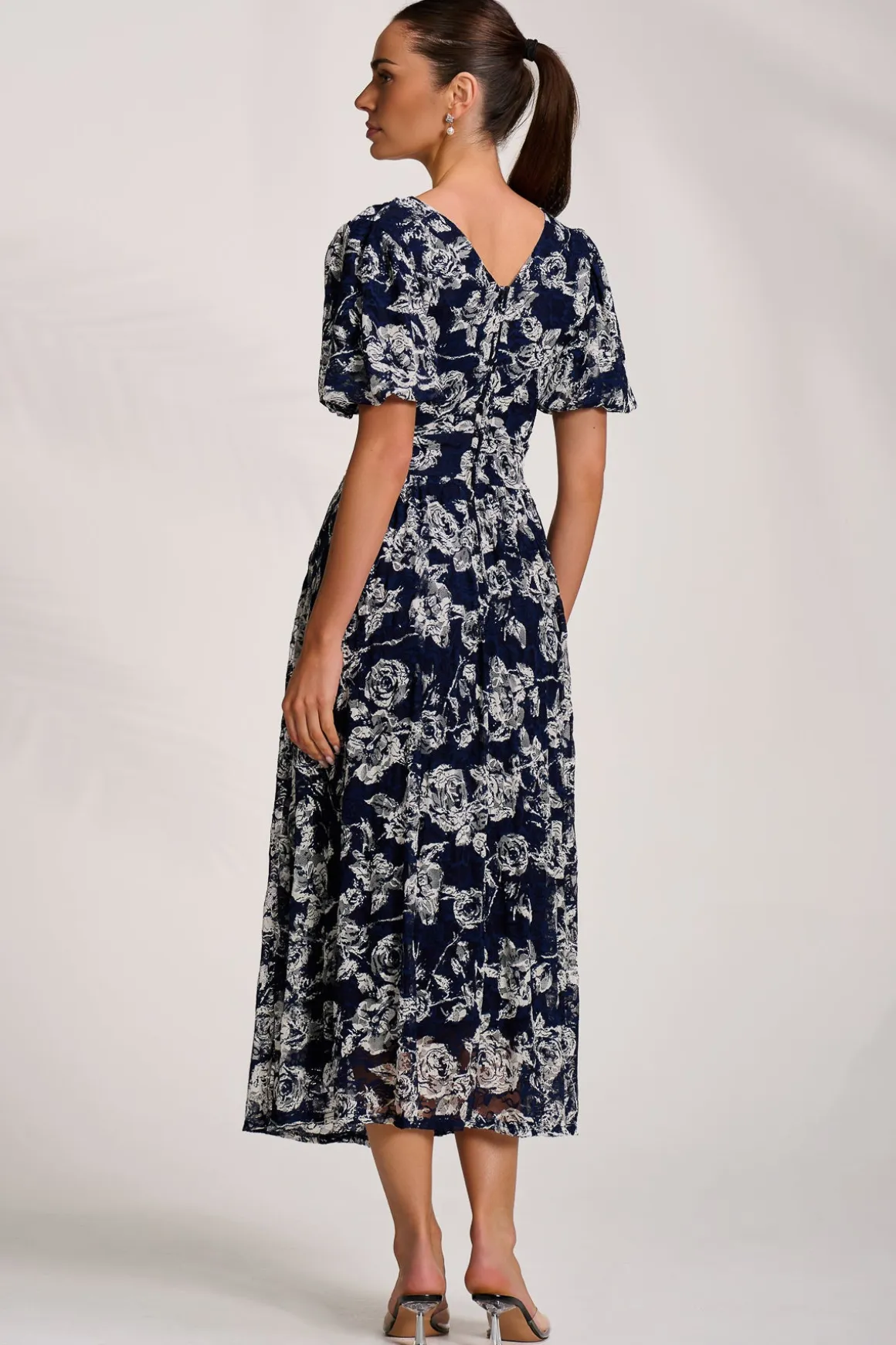 Puff Sleeve Printed Lace Maxi Dress, Navy Floral