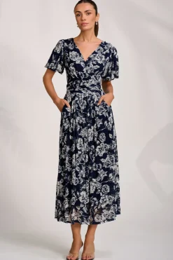 Puff Sleeve Printed Lace Maxi Dress, Navy Floral