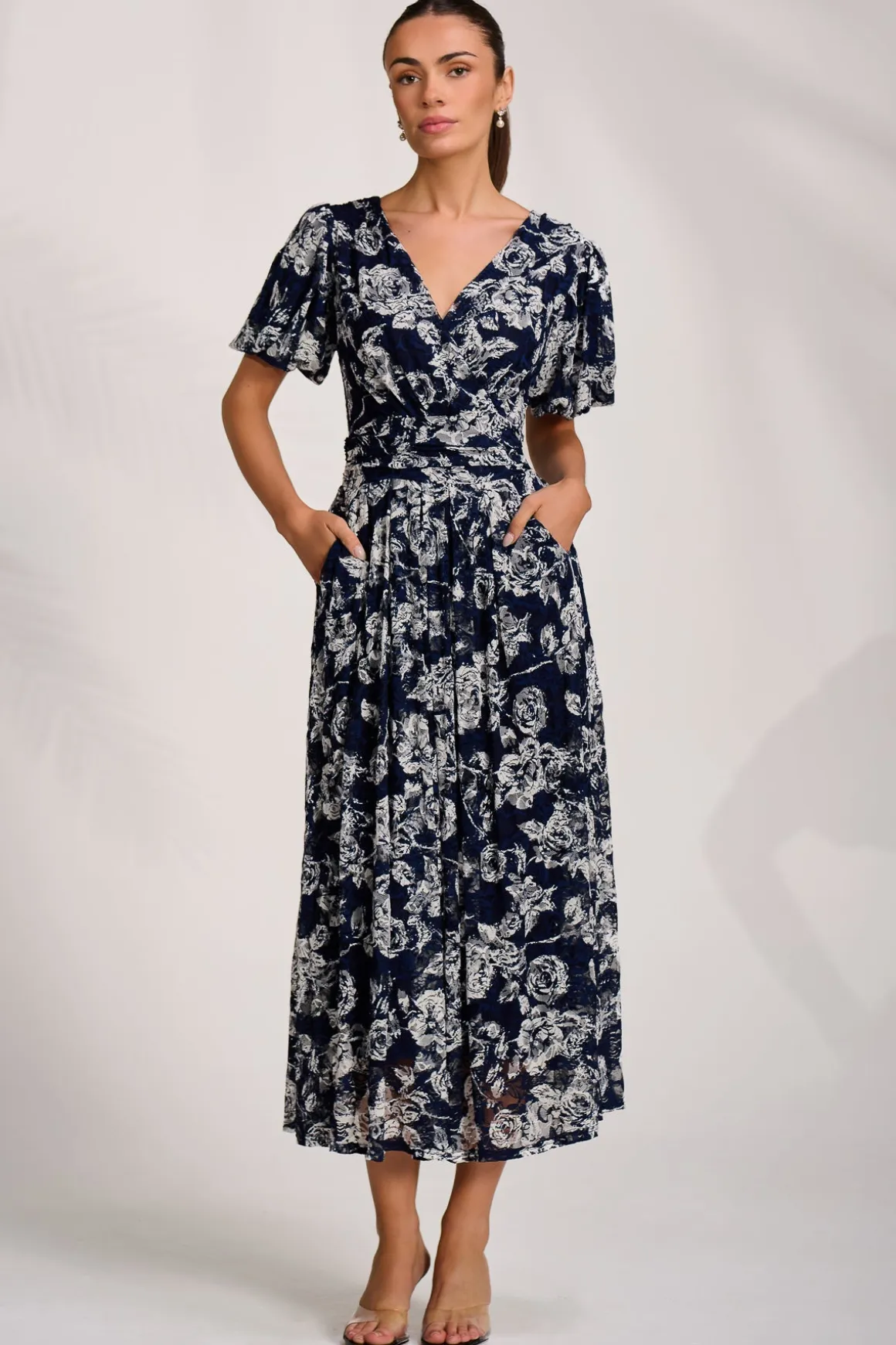 Puff Sleeve Printed Lace Maxi Dress, Navy Floral