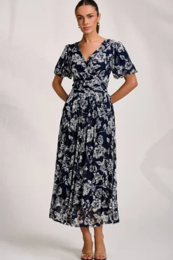 Puff Sleeve Printed Lace Maxi Dress, Navy Floral