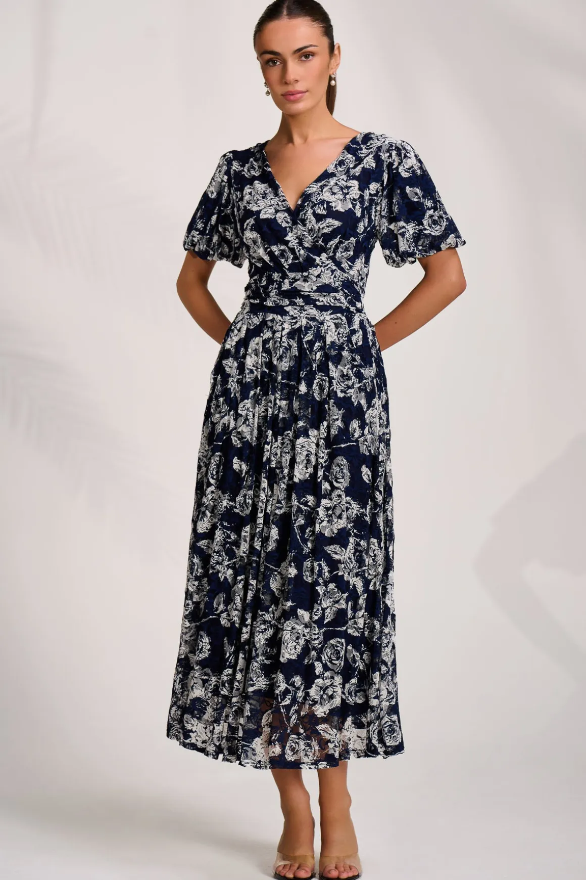 Puff Sleeve Printed Lace Maxi Dress, Navy Floral
