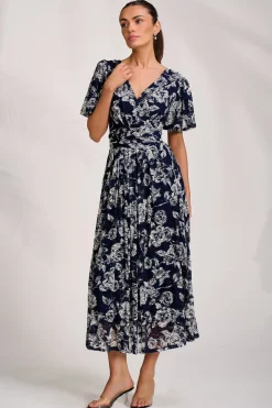 Puff Sleeve Printed Lace Maxi Dress, Navy Floral