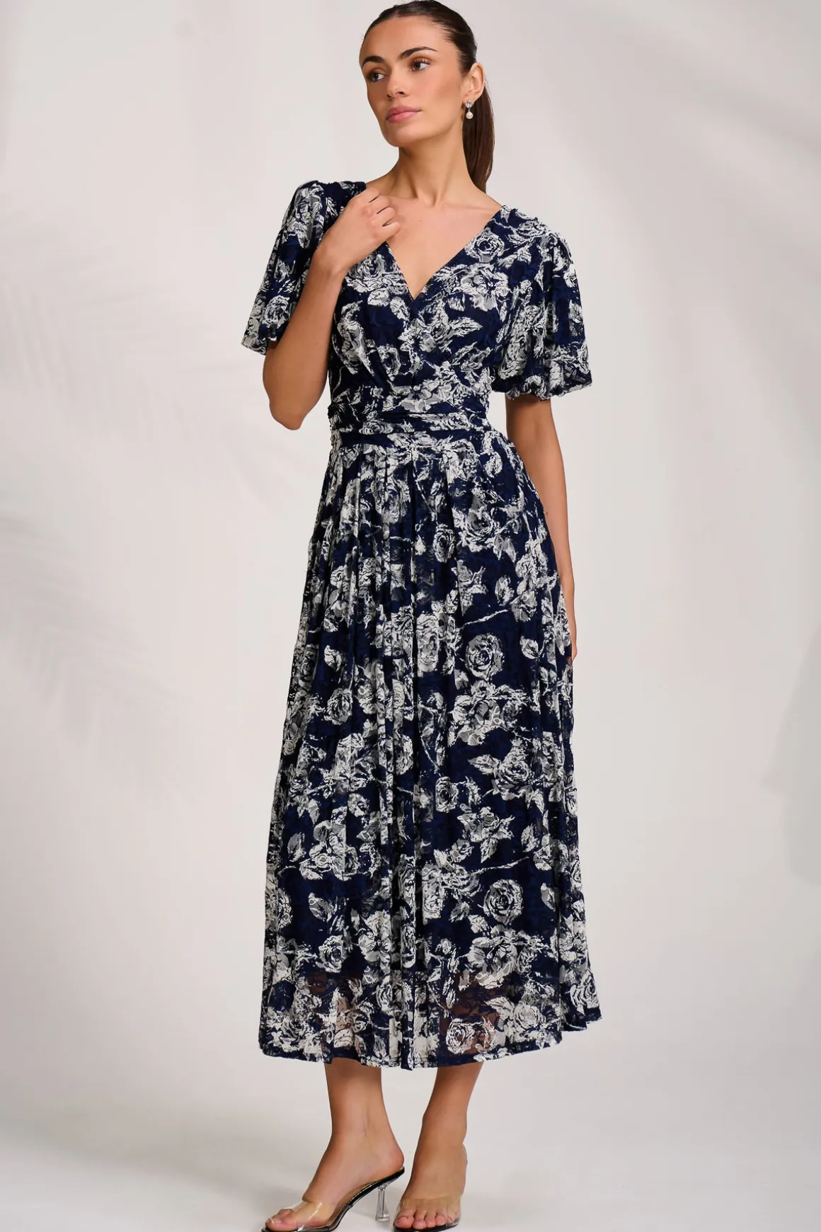 Puff Sleeve Printed Lace Maxi Dress, Navy Floral