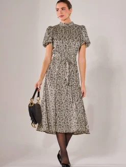 Puff Sleeve Tie Waist Midi Dress, Black Cream