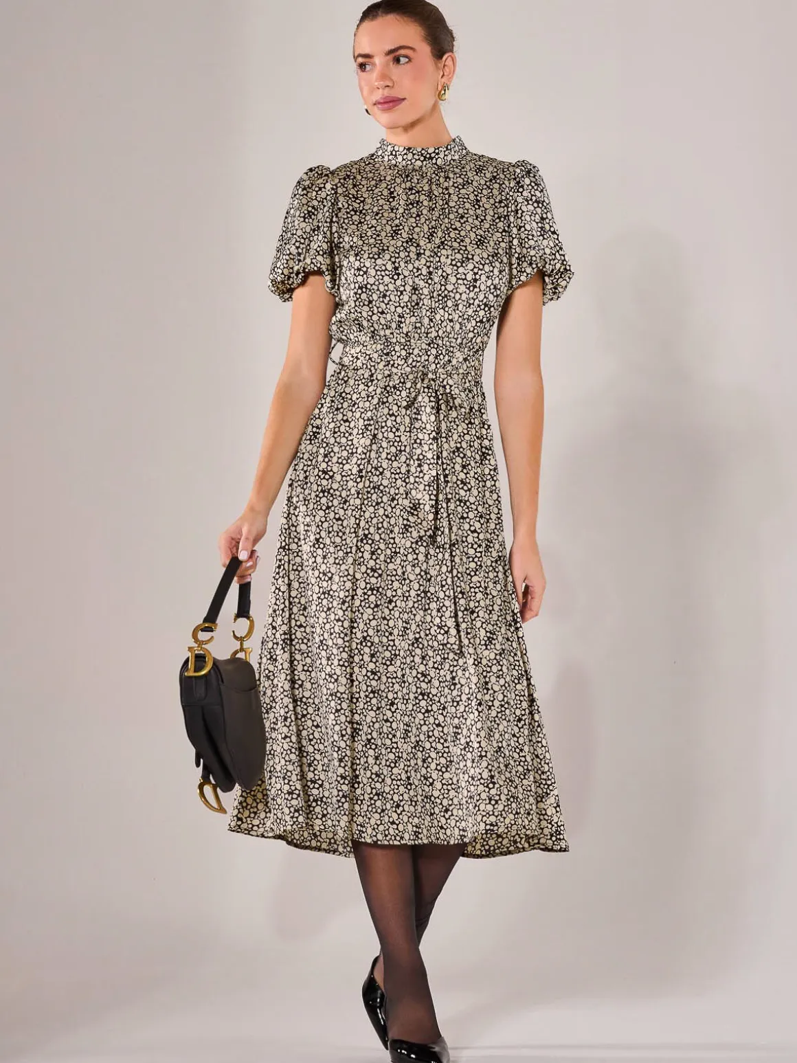 Puff Sleeve Tie Waist Midi Dress, Black Cream