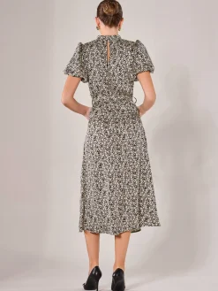 Puff Sleeve Tie Waist Midi Dress, Black Cream