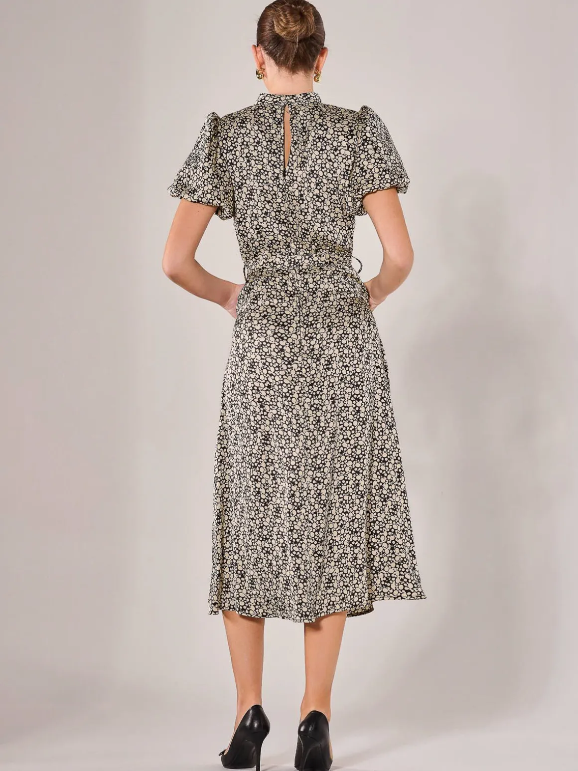 Puff Sleeve Tie Waist Midi Dress, Black Cream