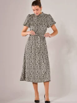 Puff Sleeve Tie Waist Midi Dress, Black Cream