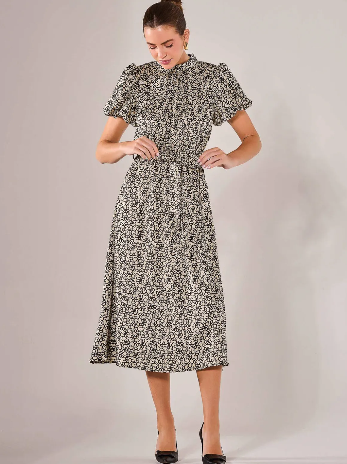 Puff Sleeve Tie Waist Midi Dress, Black Cream
