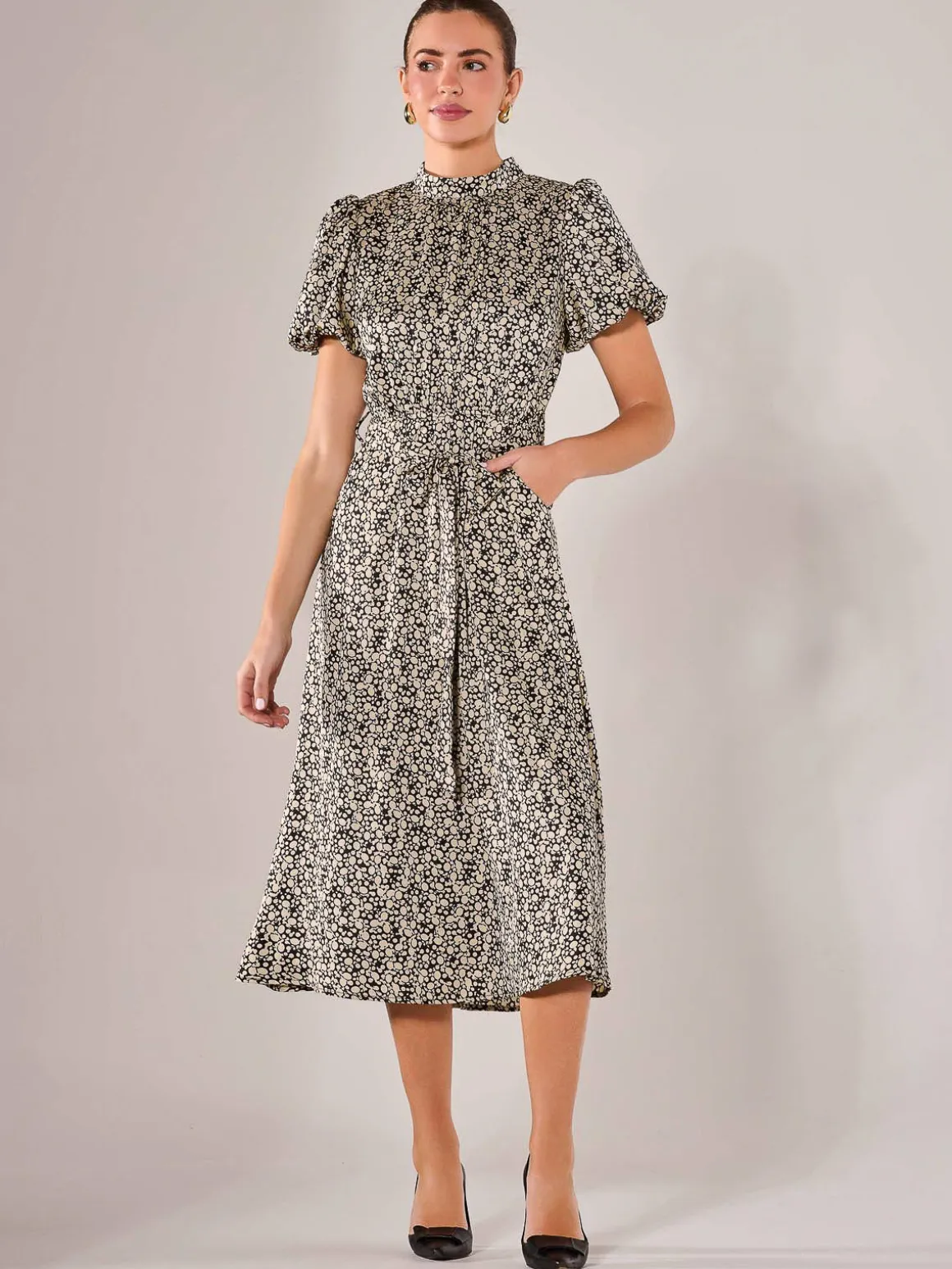 Puff Sleeve Tie Waist Midi Dress, Black Cream