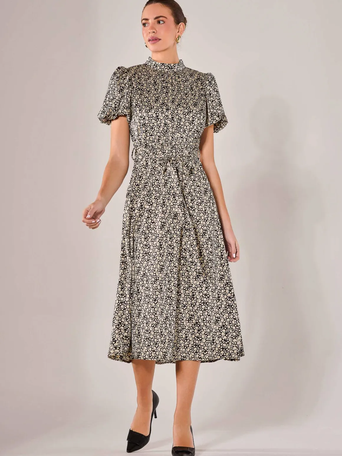 Puff Sleeve Tie Waist Midi Dress, Black Cream