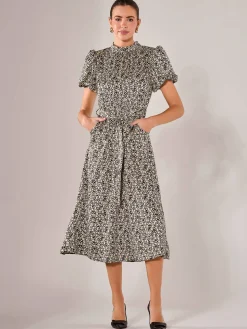 Puff Sleeve Tie Waist Midi Dress, Black Cream