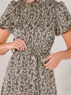 Puff Sleeve Tie Waist Midi Dress, Black Cream