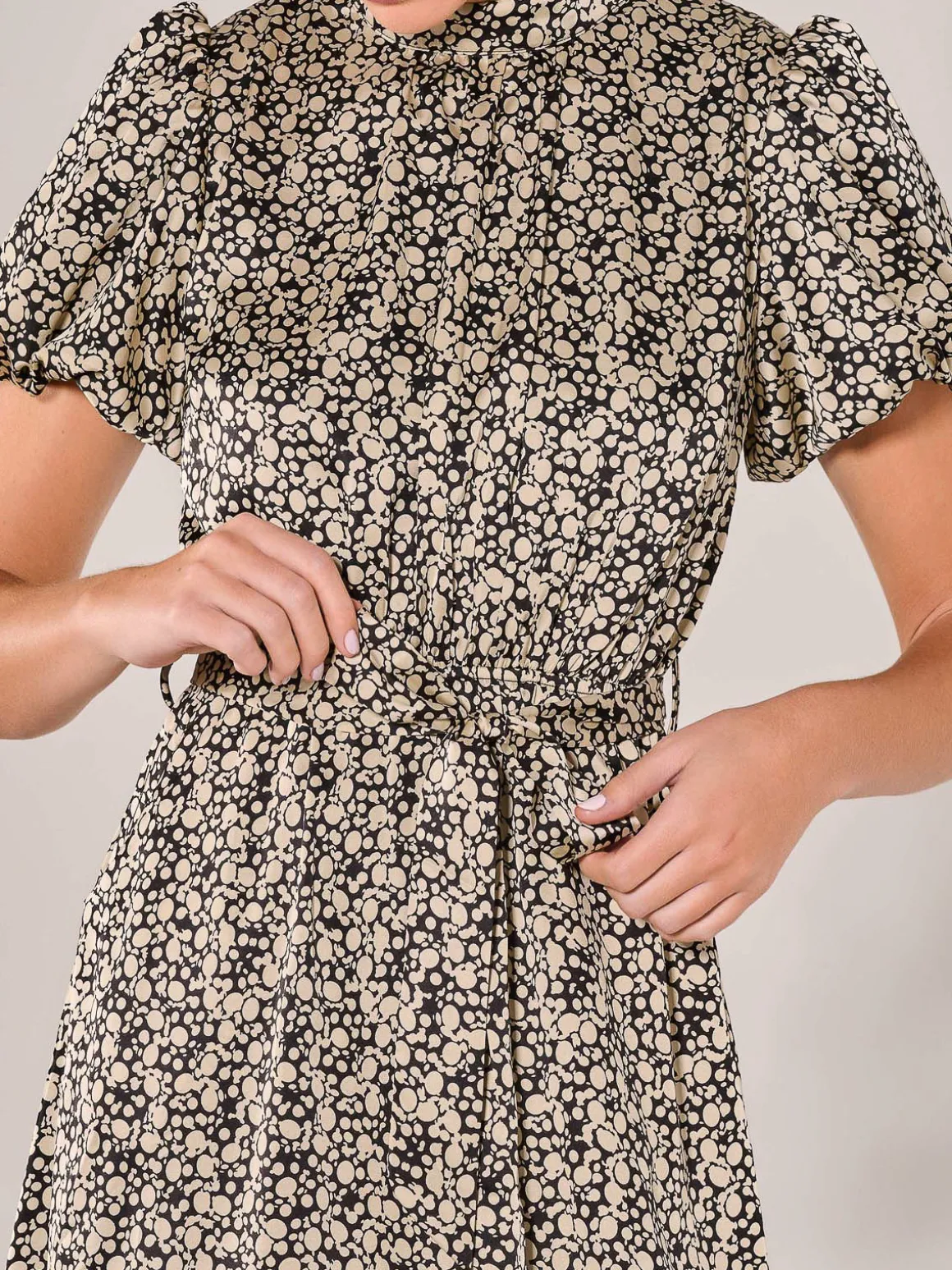 Puff Sleeve Tie Waist Midi Dress, Black Cream