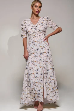 Puffy Sleeved Maxi Dress, Cream Floral