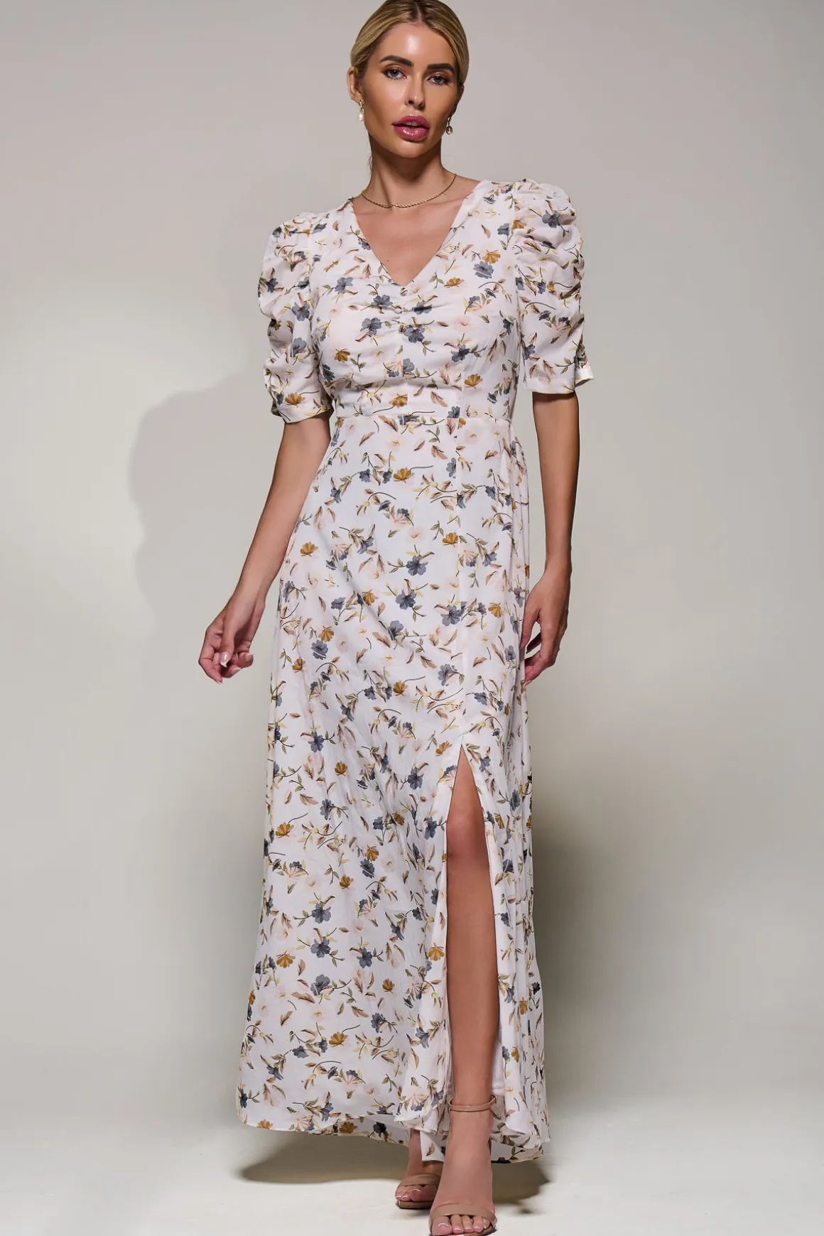 Puffy Sleeved Maxi Dress, Cream Floral