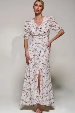 Puffy Sleeved Maxi Dress, Cream Floral