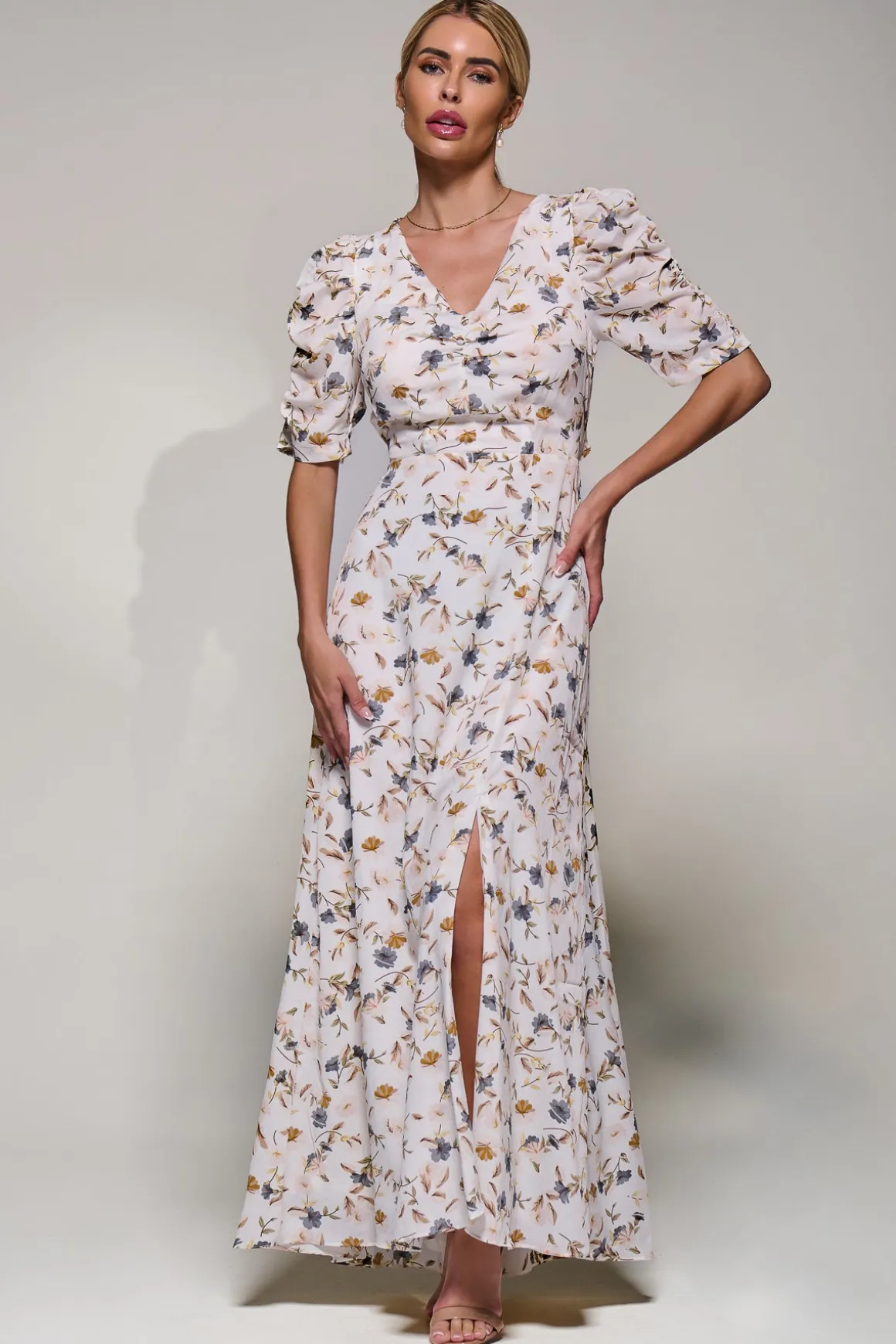 Puffy Sleeved Maxi Dress, Cream Floral