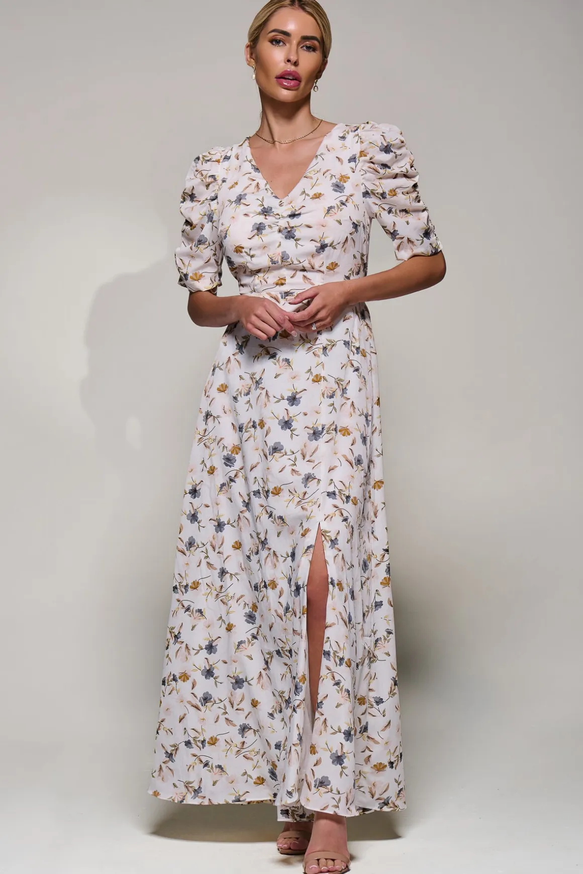 Puffy Sleeved Maxi Dress, Cream Floral