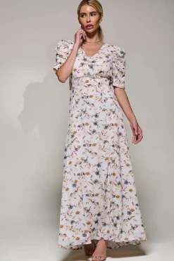 Puffy Sleeved Maxi Dress, Cream Floral