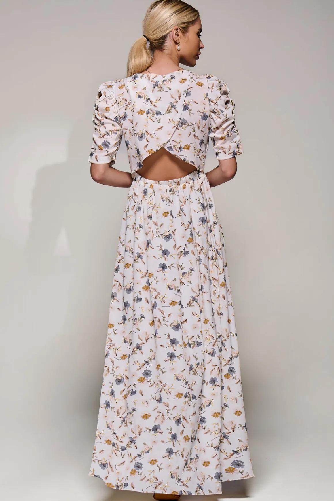 Puffy Sleeved Maxi Dress, Cream Floral
