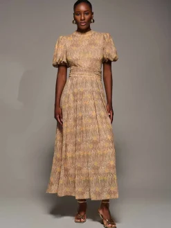 Puffy Sleeve Printed Mesh Maxi Dress, Animal Multi