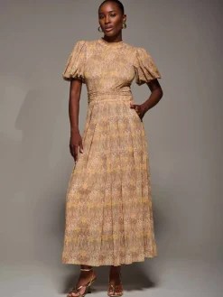 Puffy Sleeve Printed Mesh Maxi Dress, Animal Multi