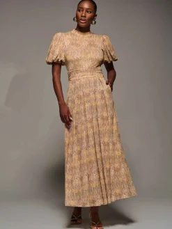 Puffy Sleeve Printed Mesh Maxi Dress, Animal Multi