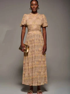 Puffy Sleeve Printed Mesh Maxi Dress, Animal Multi