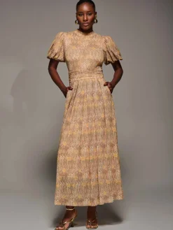 Puffy Sleeve Printed Mesh Maxi Dress, Animal Multi
