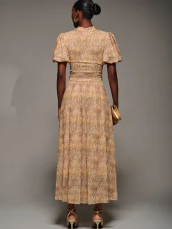 Puffy Sleeve Printed Mesh Maxi Dress, Animal Multi
