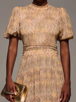 Puffy Sleeve Printed Mesh Maxi Dress, Animal Multi