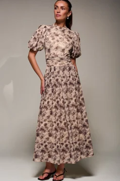Puffy Sleeve Printed Mesh Maxi Dress, Brown Abstract