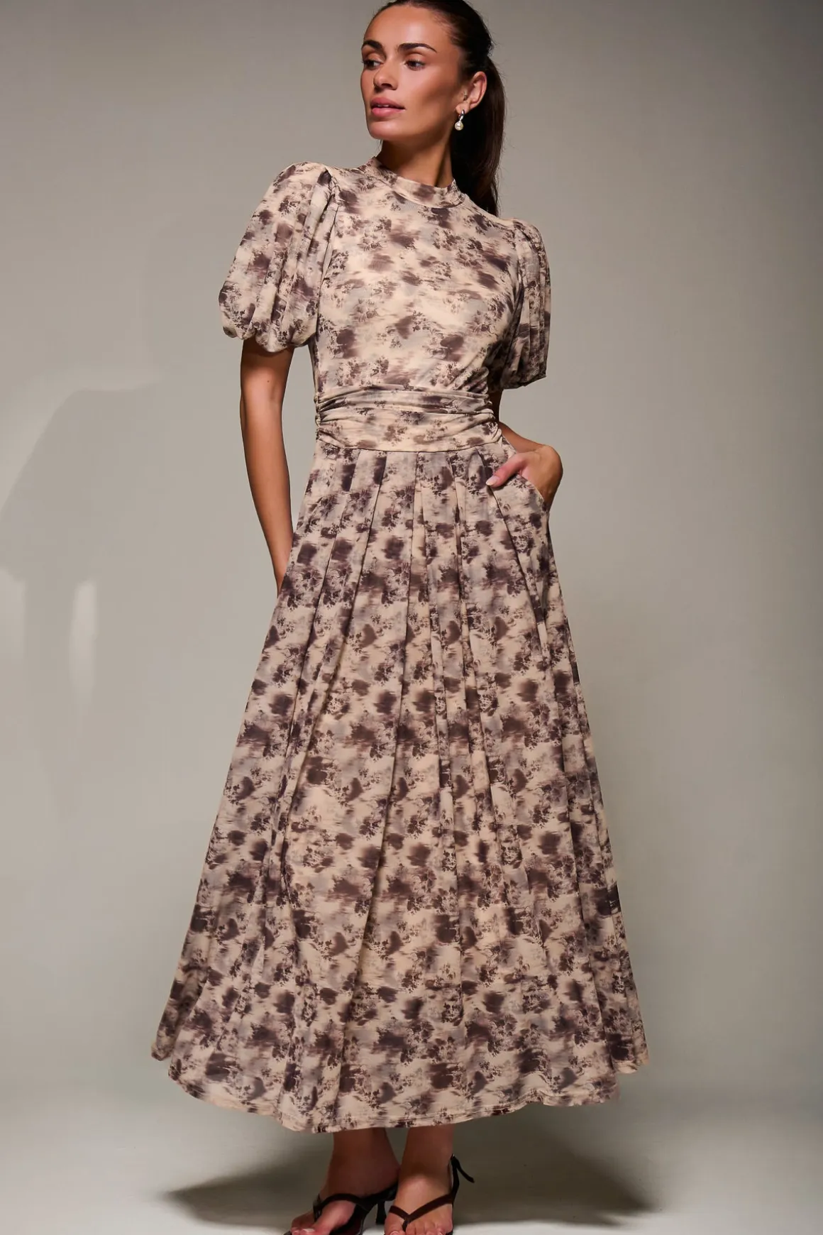 Puffy Sleeve Printed Mesh Maxi Dress, Brown Abstract
