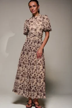 Puffy Sleeve Printed Mesh Maxi Dress, Brown Abstract