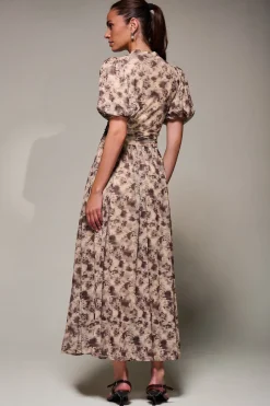 Puffy Sleeve Printed Mesh Maxi Dress, Brown Abstract