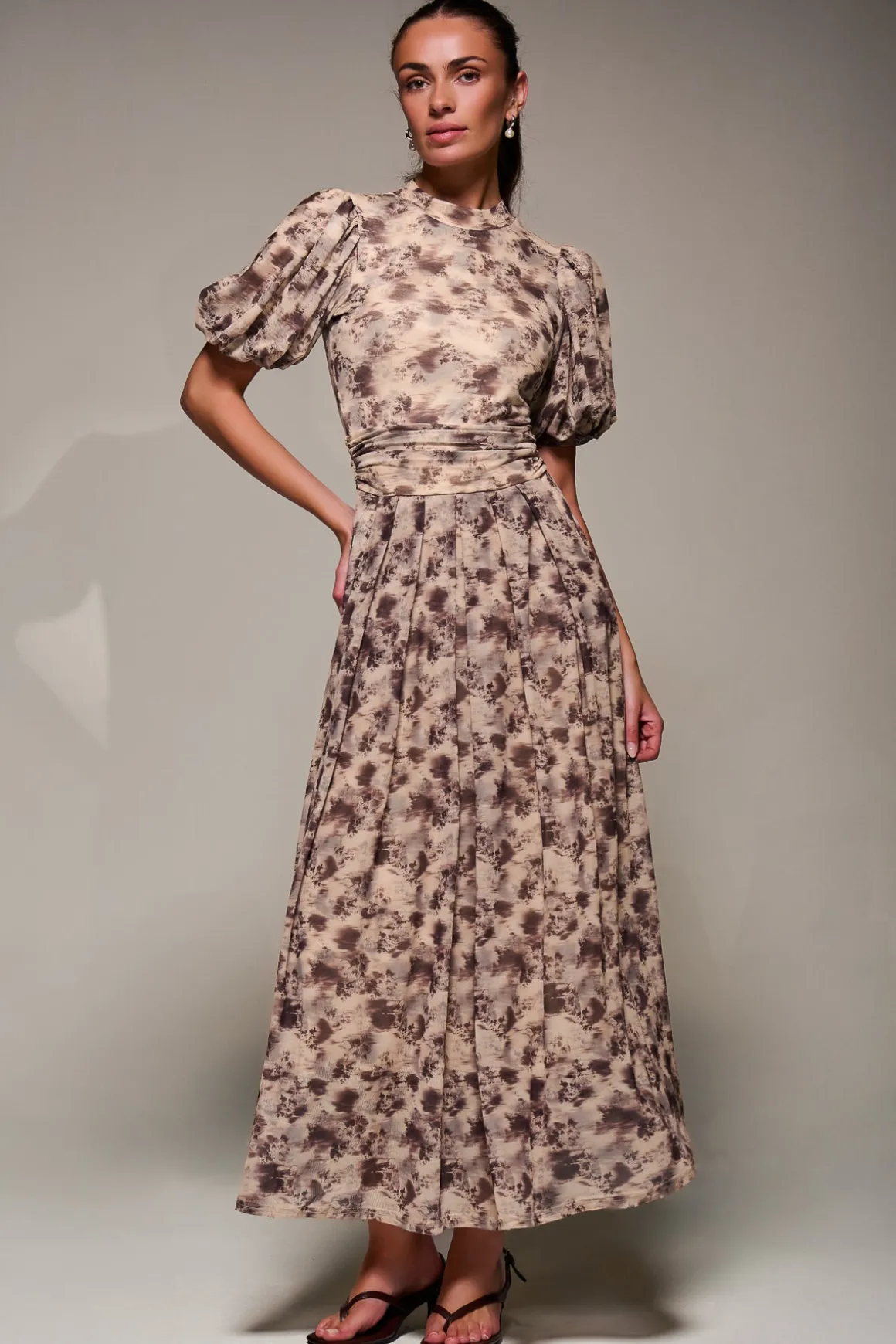 Puffy Sleeve Printed Mesh Maxi Dress, Brown Abstract