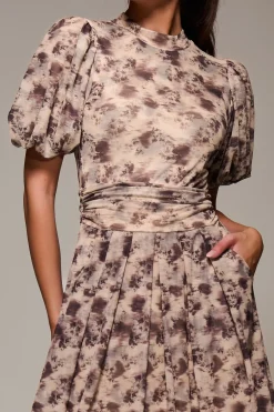 Puffy Sleeve Printed Mesh Maxi Dress, Brown Abstract