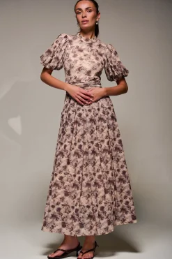 Puffy Sleeve Printed Mesh Maxi Dress, Brown Abstract