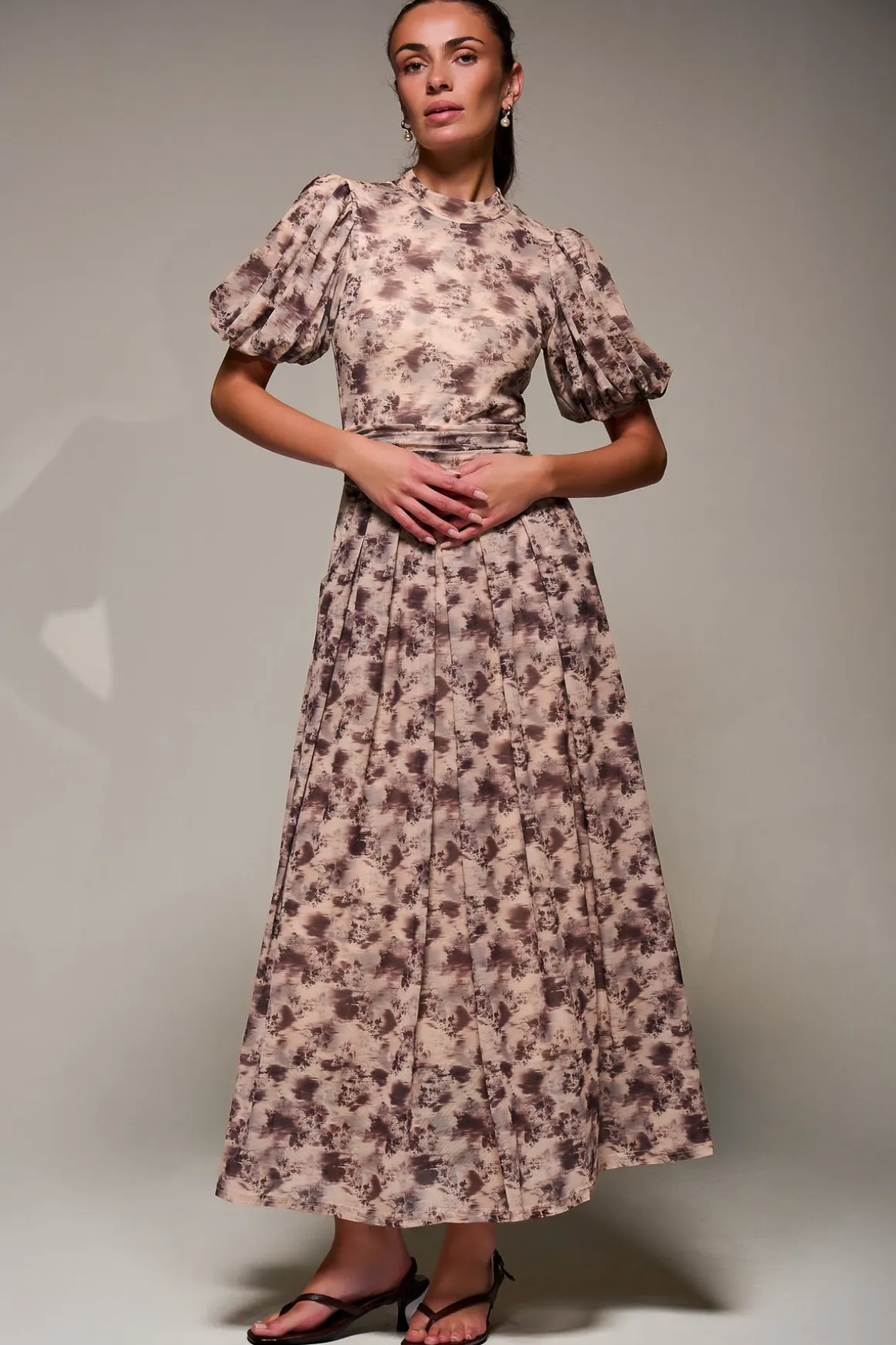 Puffy Sleeve Printed Mesh Maxi Dress, Brown Abstract