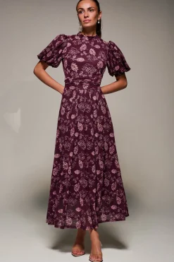 Puffy Sleeve Printed Mesh Maxi Dress, Burgundy Floral
