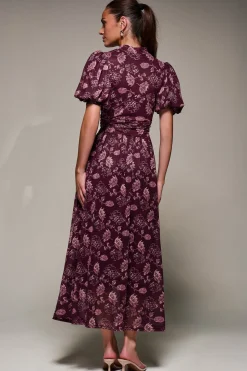 Puffy Sleeve Printed Mesh Maxi Dress, Burgundy Floral