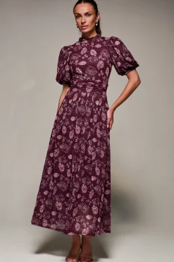 Puffy Sleeve Printed Mesh Maxi Dress, Burgundy Floral