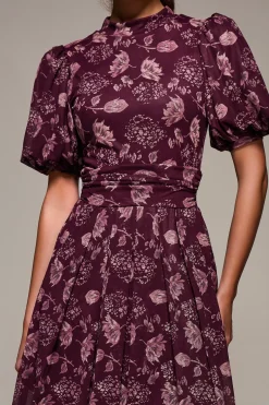 Puffy Sleeve Printed Mesh Maxi Dress, Burgundy Floral