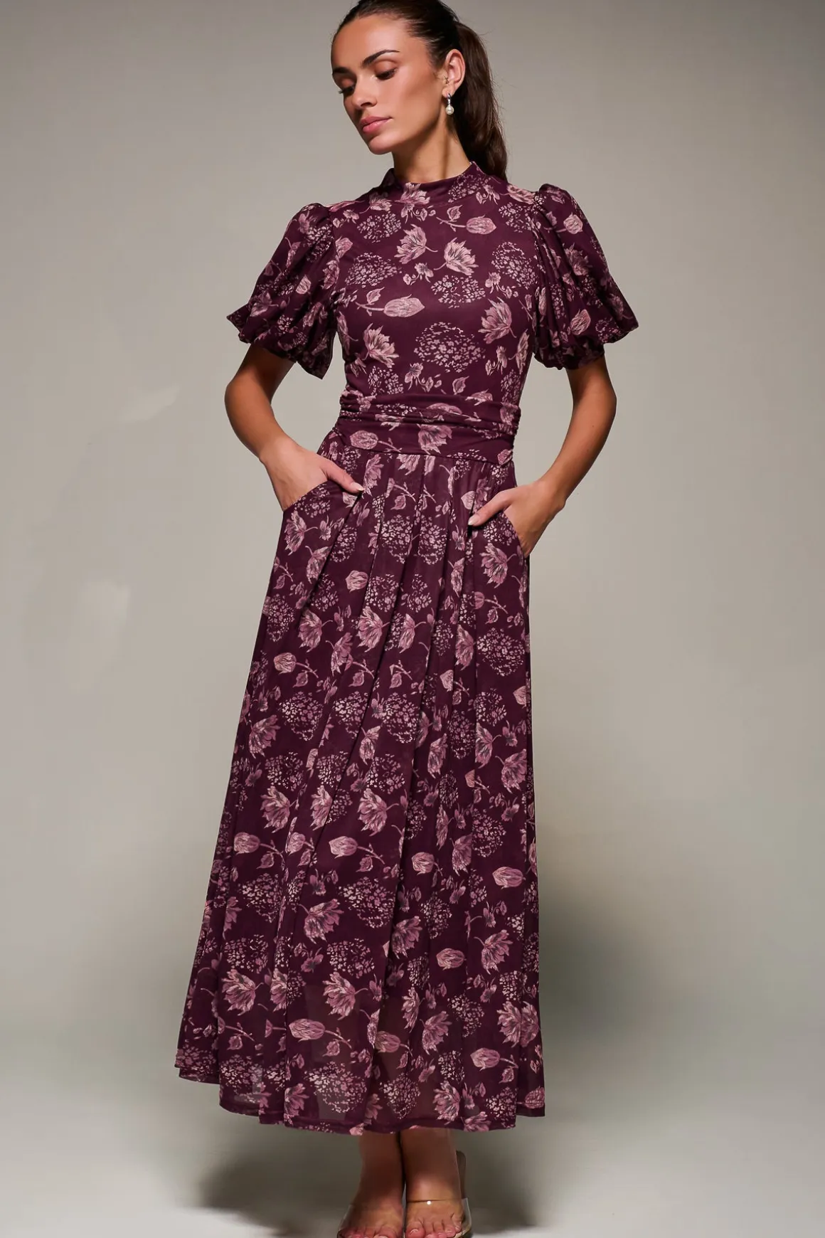 Puffy Sleeve Printed Mesh Maxi Dress, Burgundy Floral